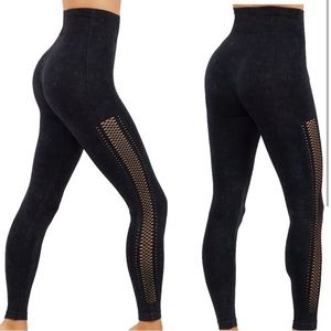 Faded Black leggings w/ design Side Mesh Detailing Comfortable Elastic Waistband